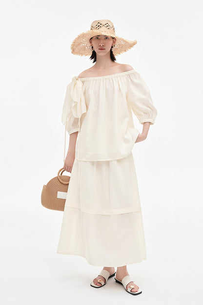 SELFWHO Tencel Wool Blended One-Shoulder Neck Puff Sleeve Suit Shirt