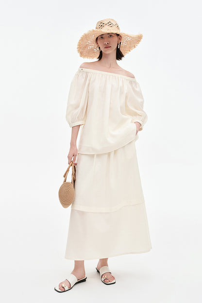SELFWHO Tencel Wool Blended One-Shoulder Neck Puff Sleeve Suit Shirt