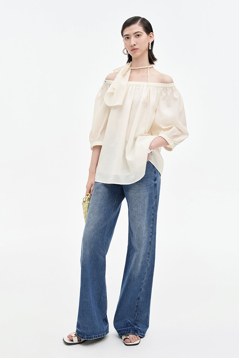 SELFWHO Tencel Wool Blended One-Shoulder Neck Puff Sleeve Suit Shirt