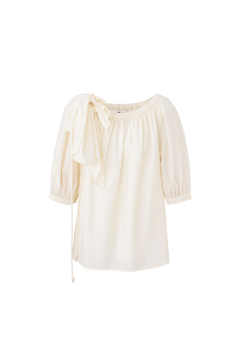 SELFWHO Tencel Wool Blended One-Shoulder Neck Puff Sleeve Suit Shirt