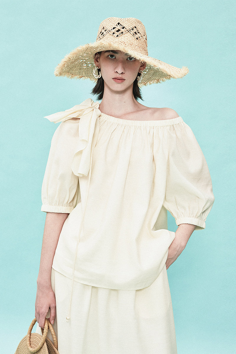 SELFWHO Tencel Wool Blended One-Shoulder Neck Puff Sleeve Suit Shirt