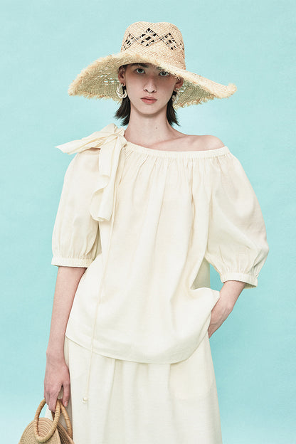 SELFWHO Tencel Wool Blended One-Shoulder Neck Puff Sleeve Suit Shirt