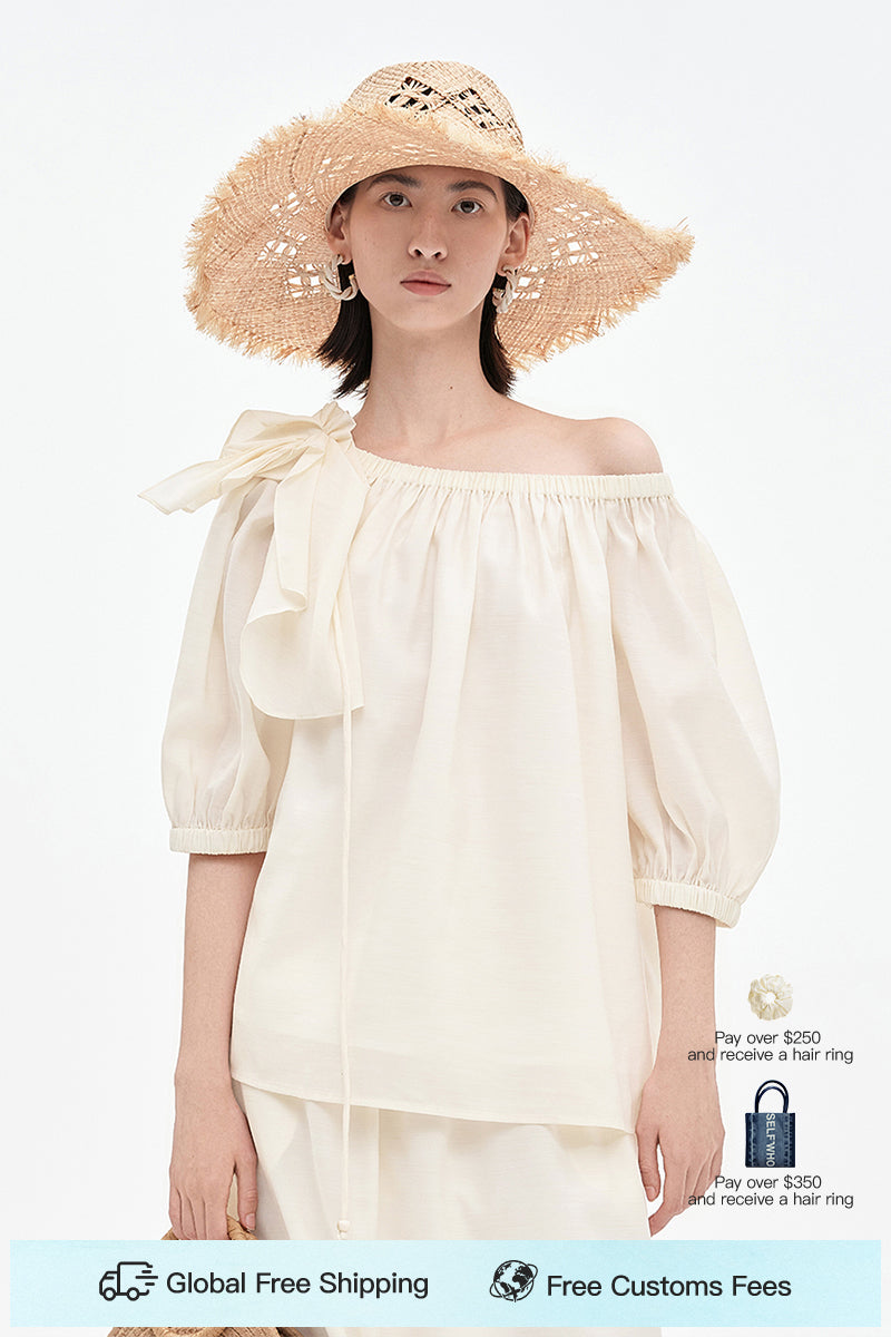 SELFWHO Tencel Wool Blended One-Shoulder Neck Puff Sleeve Suit Shirt