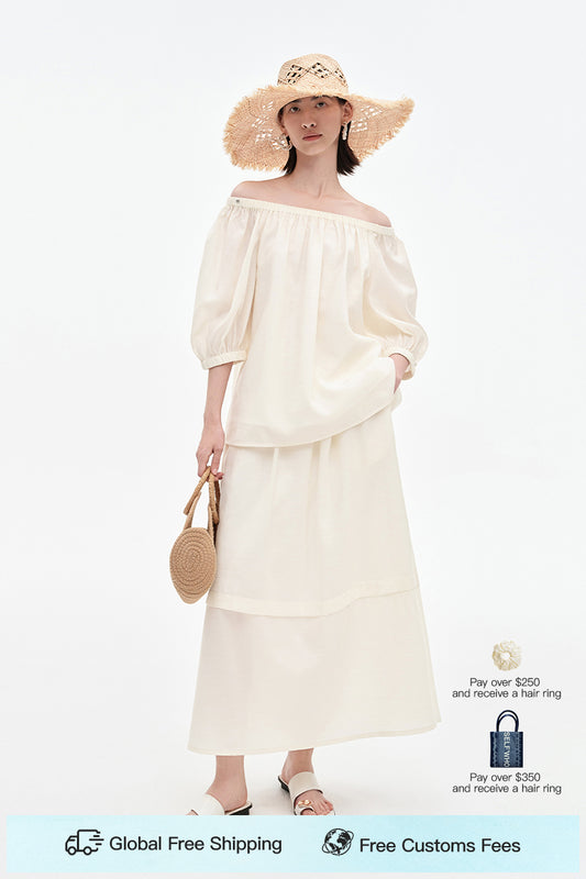 SELFWHO Tencel Wool Blended One-Shoulder Neck Puff Sleeve Suit Shirt