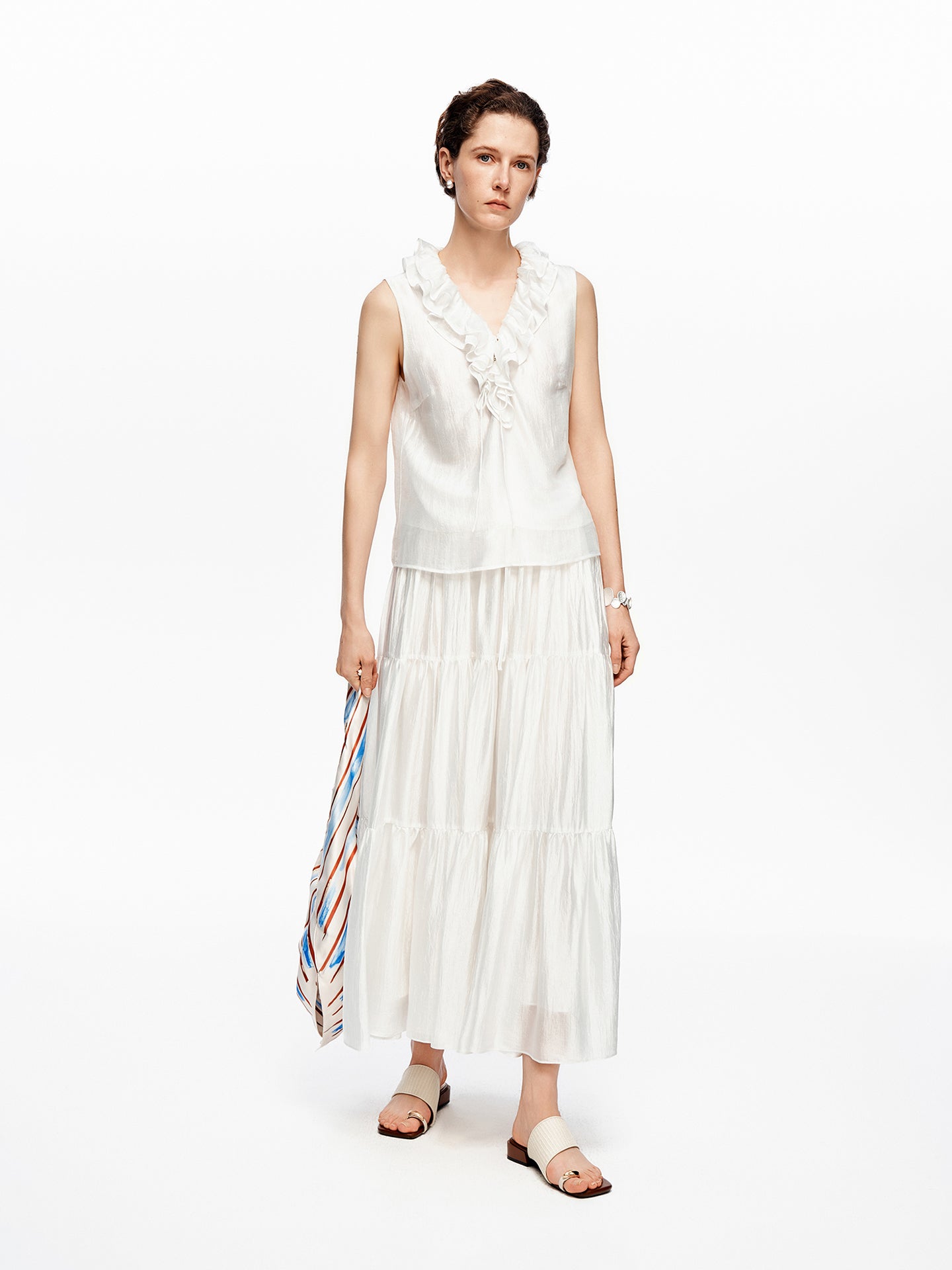 French-Style V-Neck Drawstring Ruffled Sleeveless Top & Skirt Set