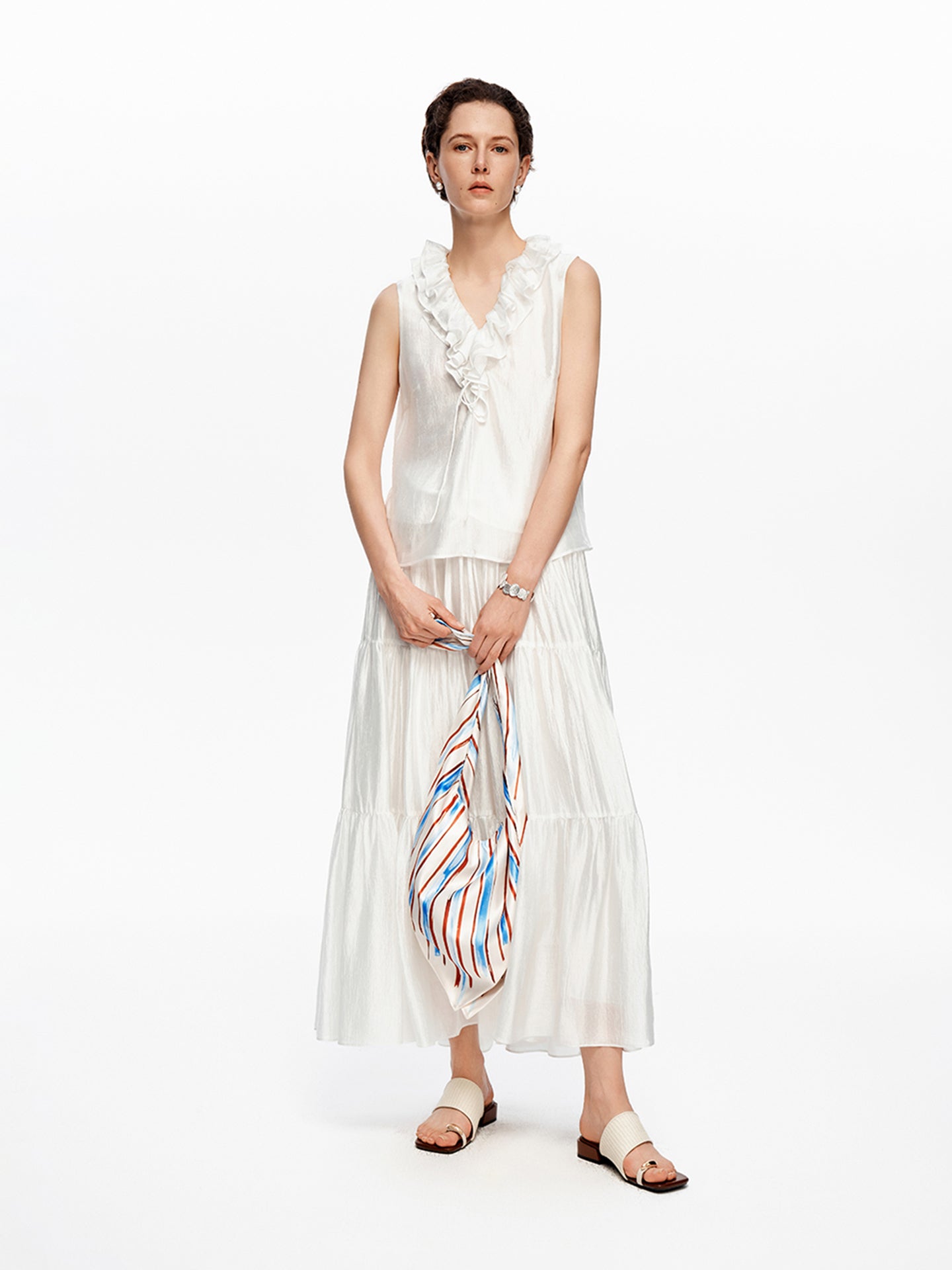 French-Style V-Neck Drawstring Ruffled Sleeveless Top & Skirt Set
