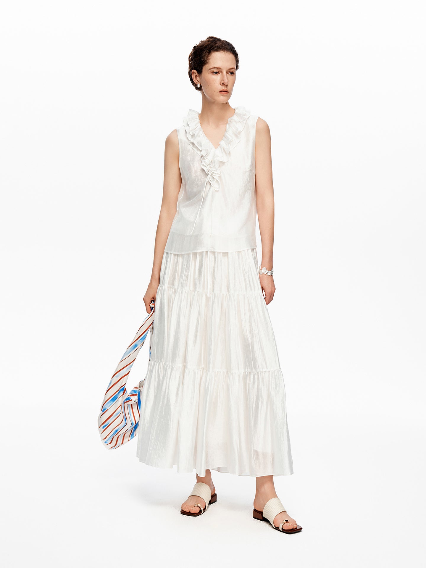French-Style V-Neck Drawstring Ruffled Sleeveless Top & Skirt Set