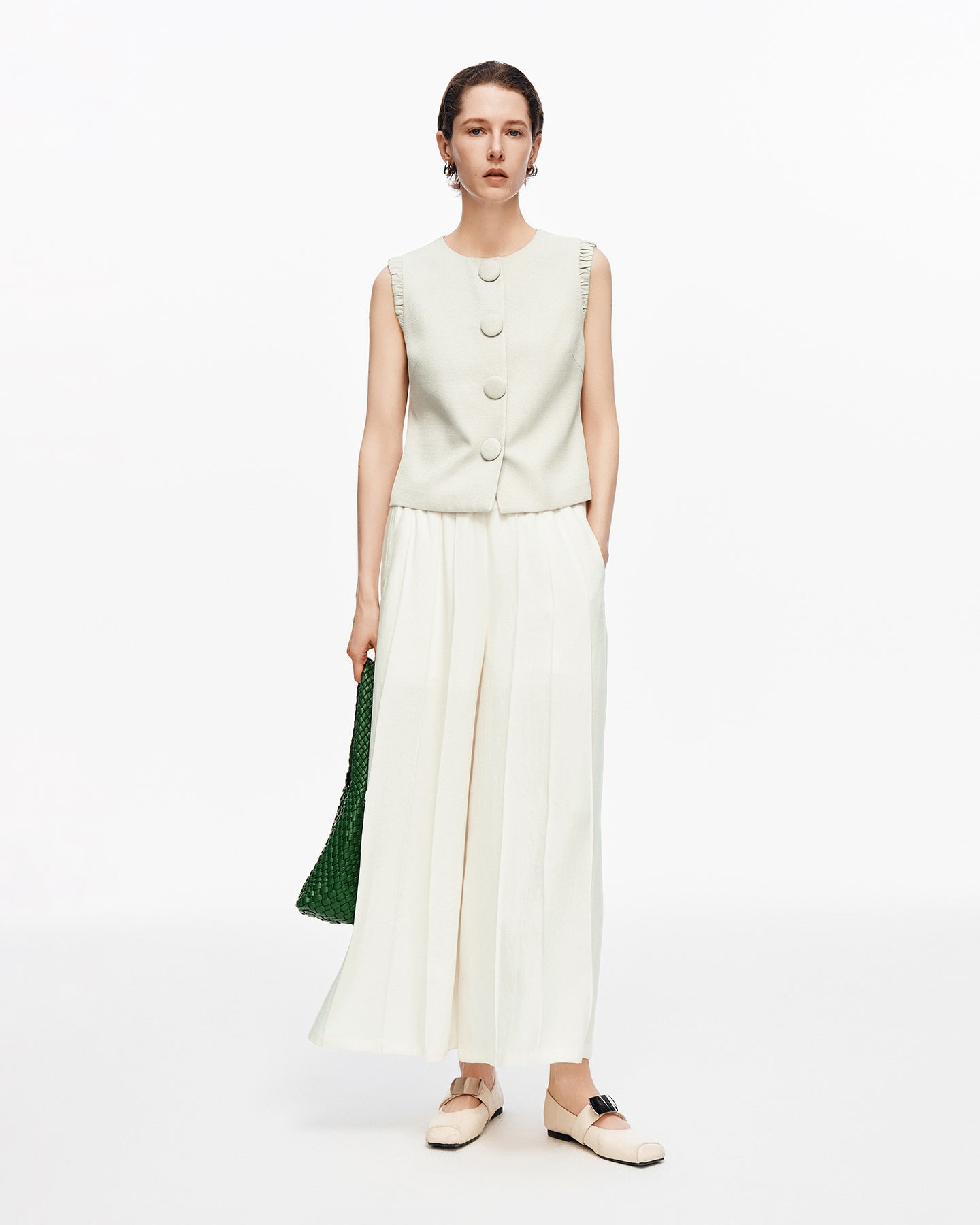 Linen blend pleated wide-leg casual pants