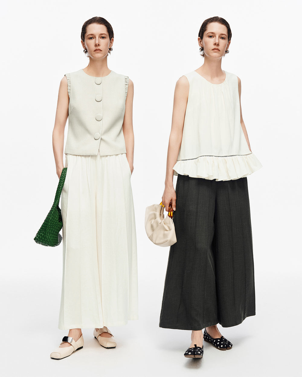 Linen blend pleated wide-leg casual pants