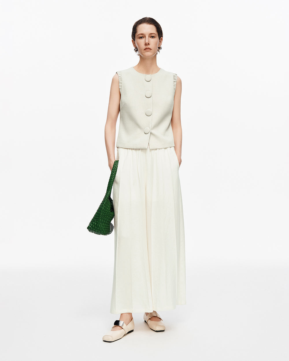 Linen blend pleated wide-leg casual pants