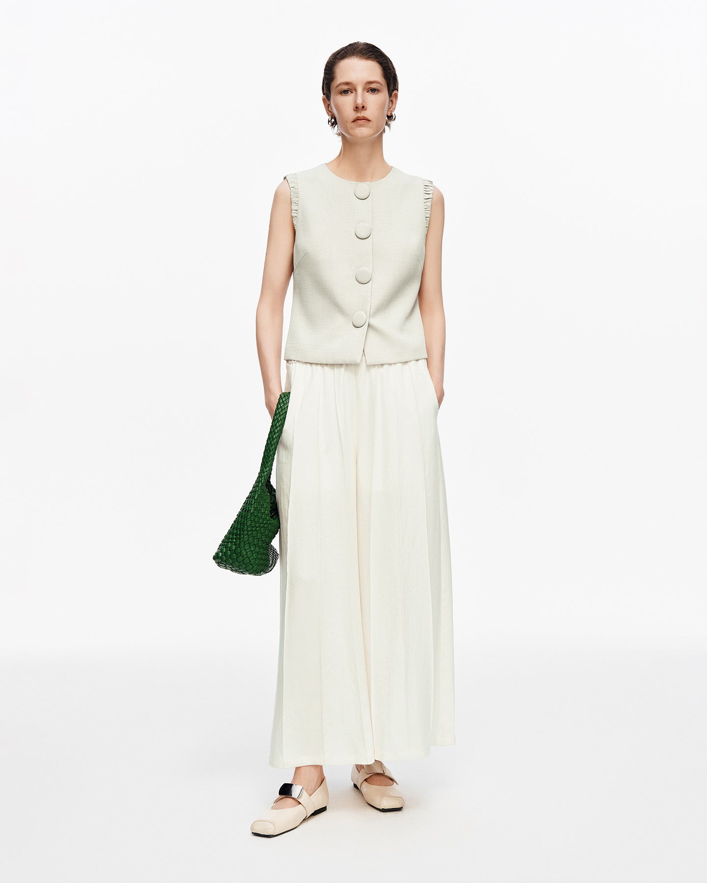Linen blend pleated wide-leg casual pants