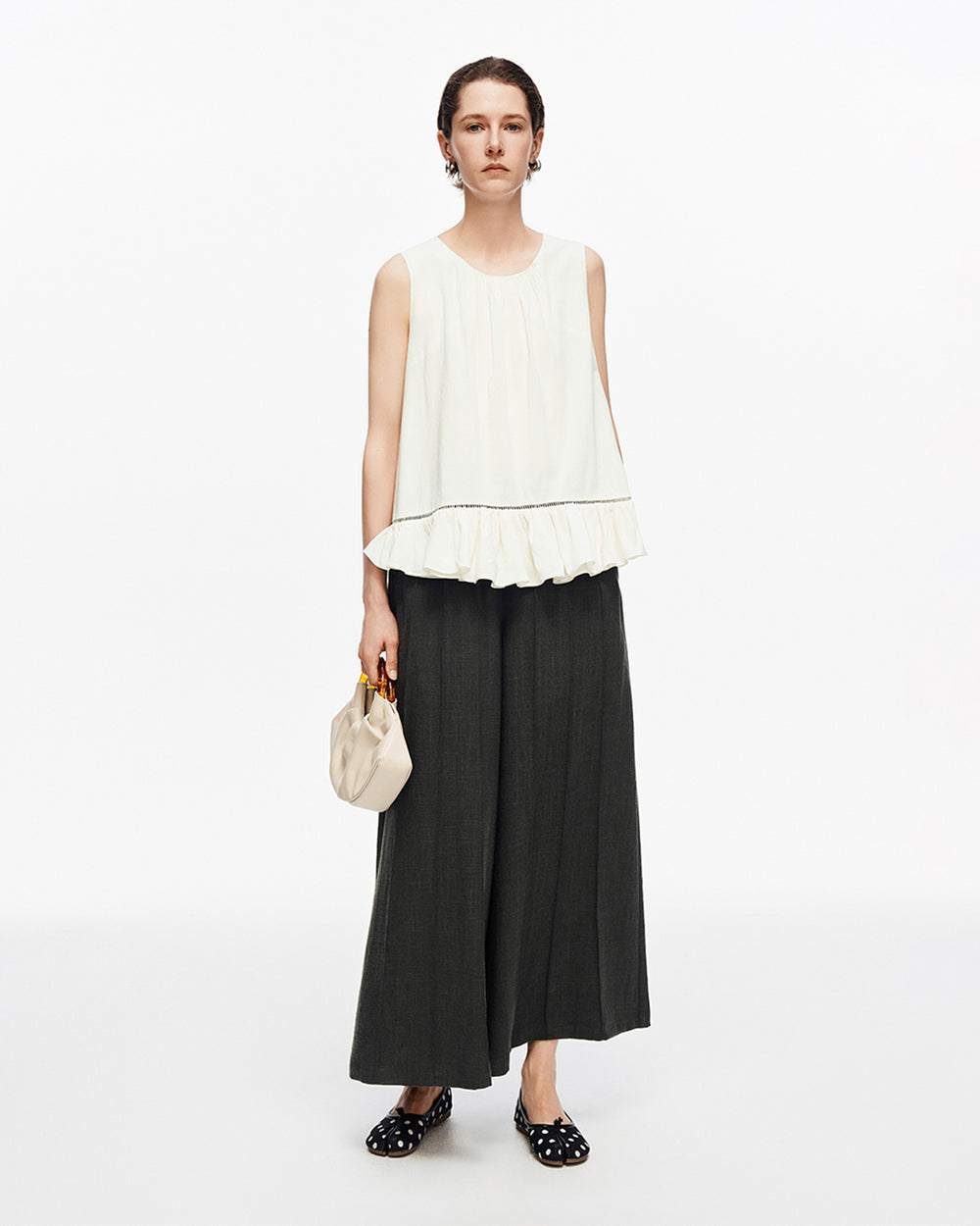 Linen blend pleated wide-leg casual pants