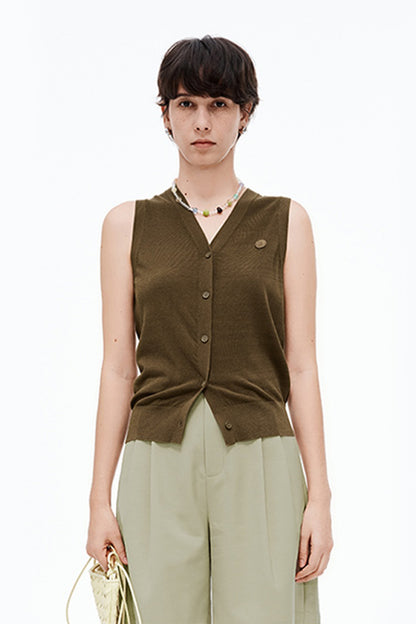 SELFWHO Blended V-Neck Sleeveless Knitted Vest Cardigan