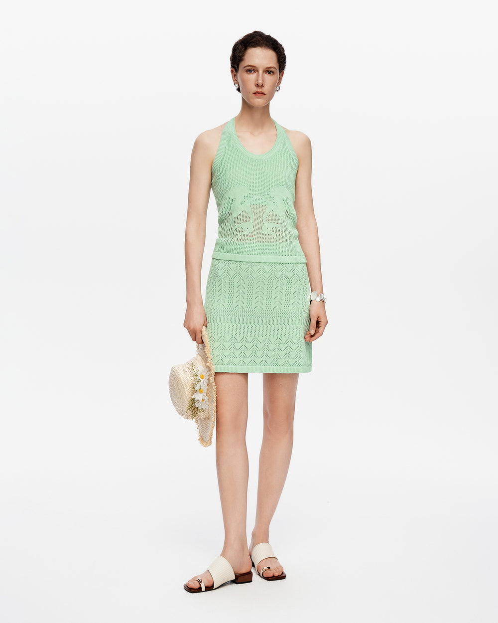 Pure cotton wool midi skirt with marine plant design