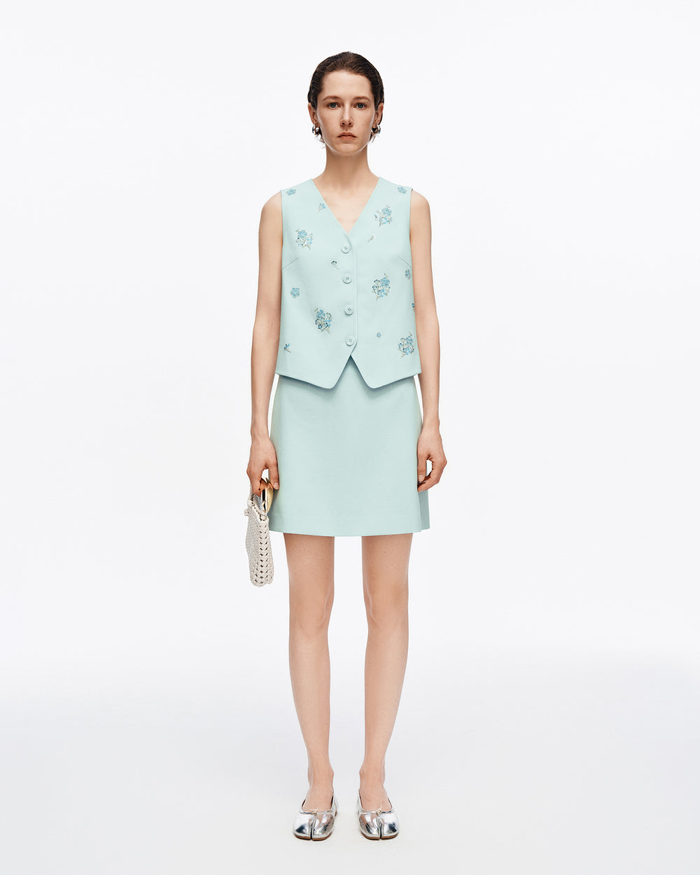 Acetate-Blend Beaded V-Neck Sleeveless Vest
