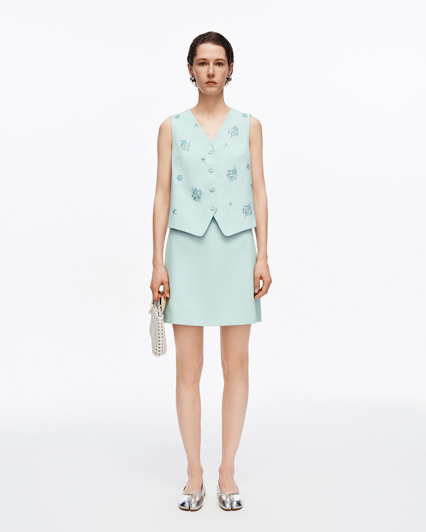 Acetate-Blend Beaded V-Neck Sleeveless Vest