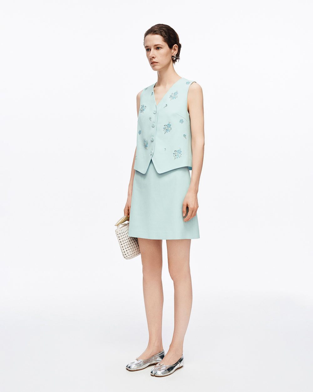 Acetate-Blend Beaded V-Neck Sleeveless Vest