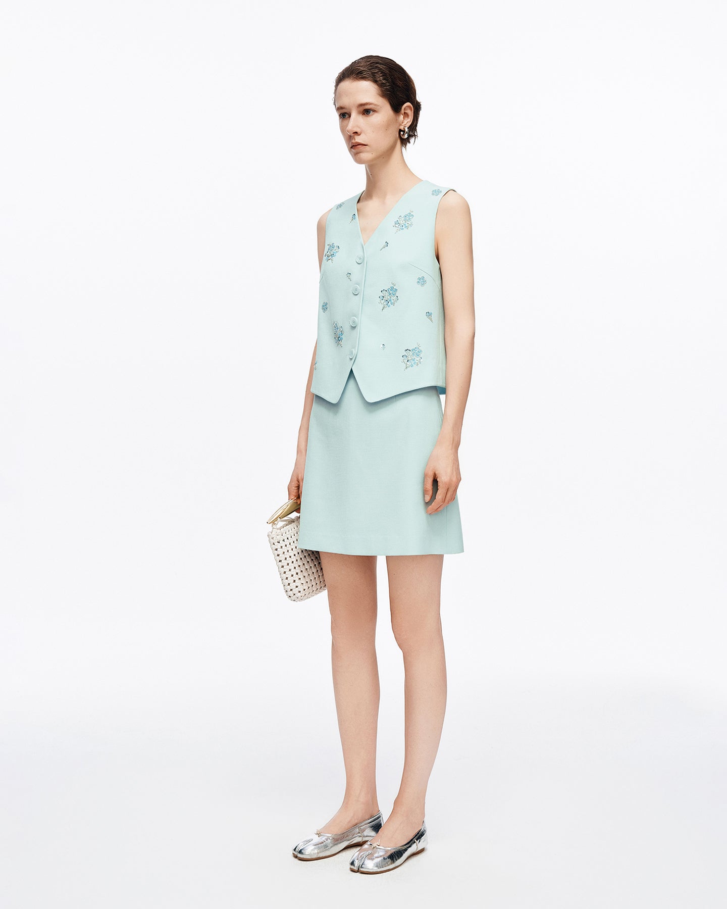 Acetate-Blend Beaded V-Neck Sleeveless Vest