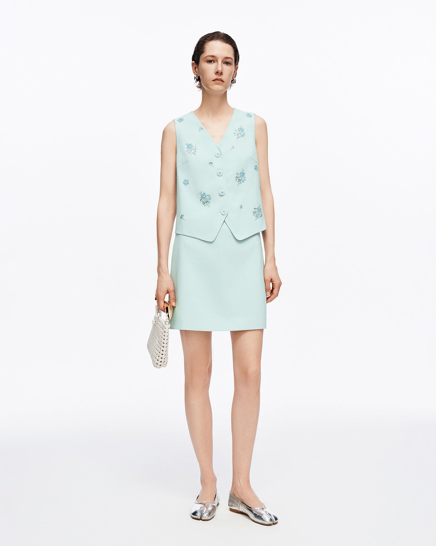 Acetate-Blend Beaded V-Neck Sleeveless Vest