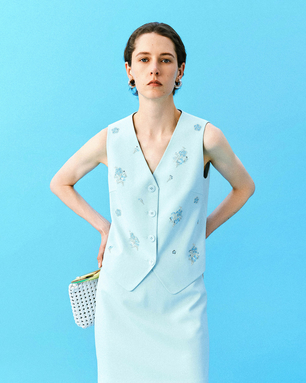 Acetate-Blend Beaded V-Neck Sleeveless Vest