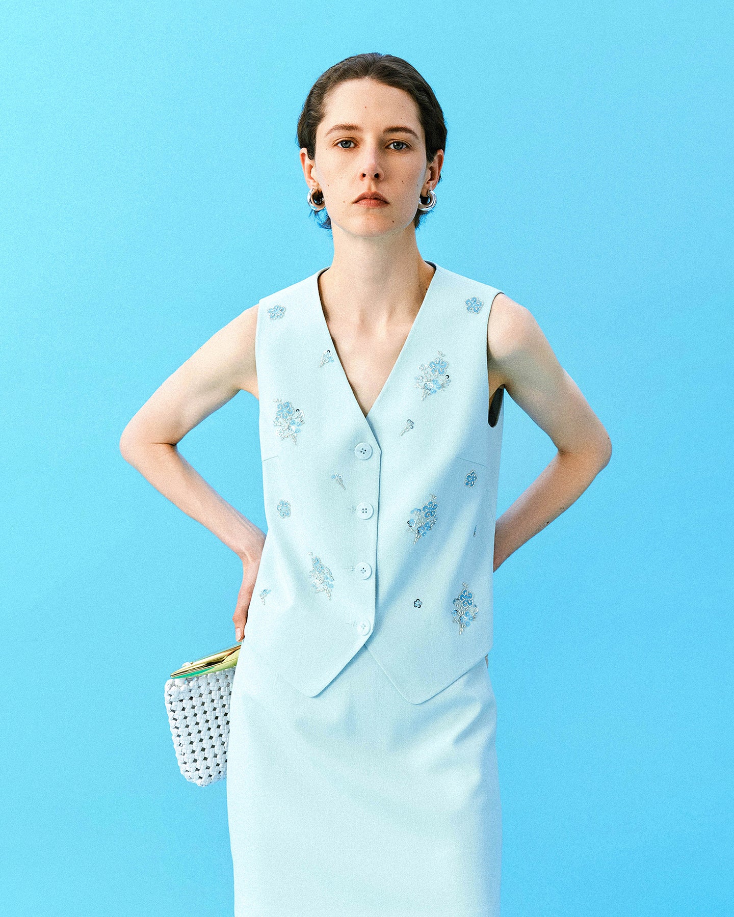 Acetate-Blend Beaded V-Neck Sleeveless Vest