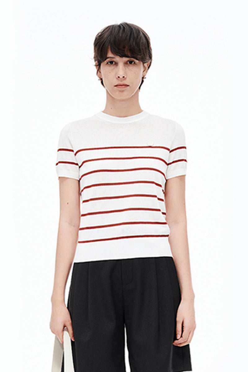 SELFWHO Contrast Color Striped Sweater Short-Sleeved T-Shirt