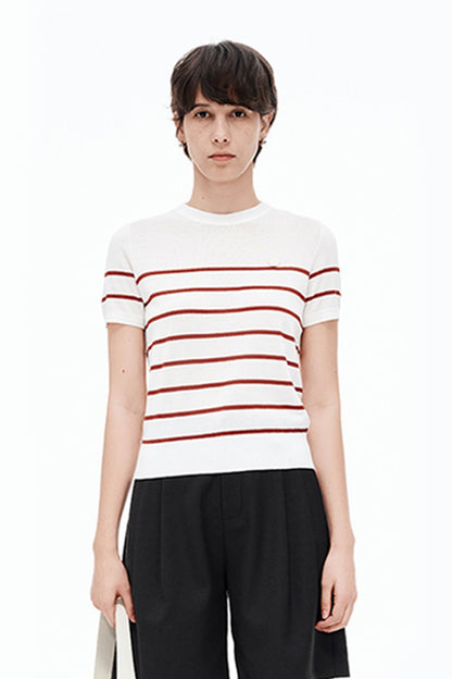 SELFWHO Contrast Color Striped Sweater Short-Sleeved T-Shirt