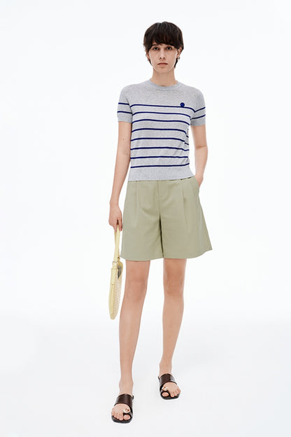 SELFWHO Contrast Color Striped Sweater Short-Sleeved T-Shirt