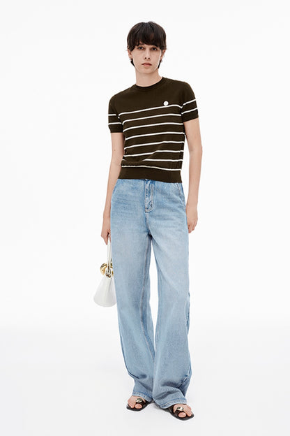 SELFWHO Contrast Color Striped Sweater Short-Sleeved T-Shirt