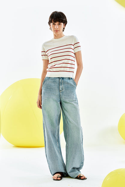 SELFWHO Contrast Color Striped Sweater Short-Sleeved T-Shirt