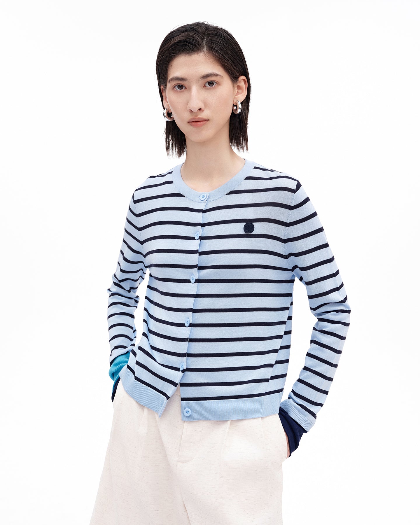 Tencel-Cotton Blend Striped Knit Cardigan