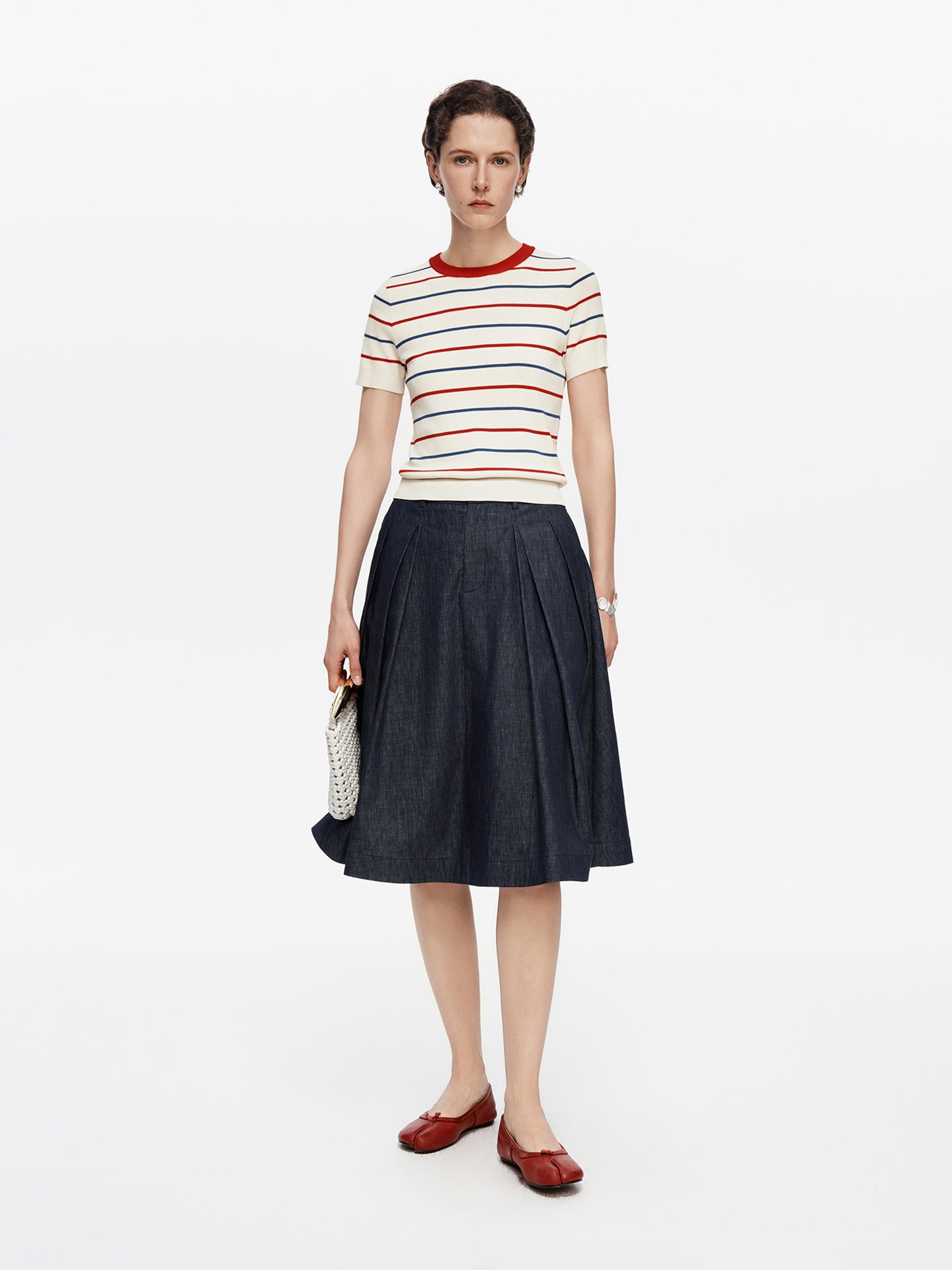 Color-Block Striped Short-Sleeve Wool Knit Sweater
