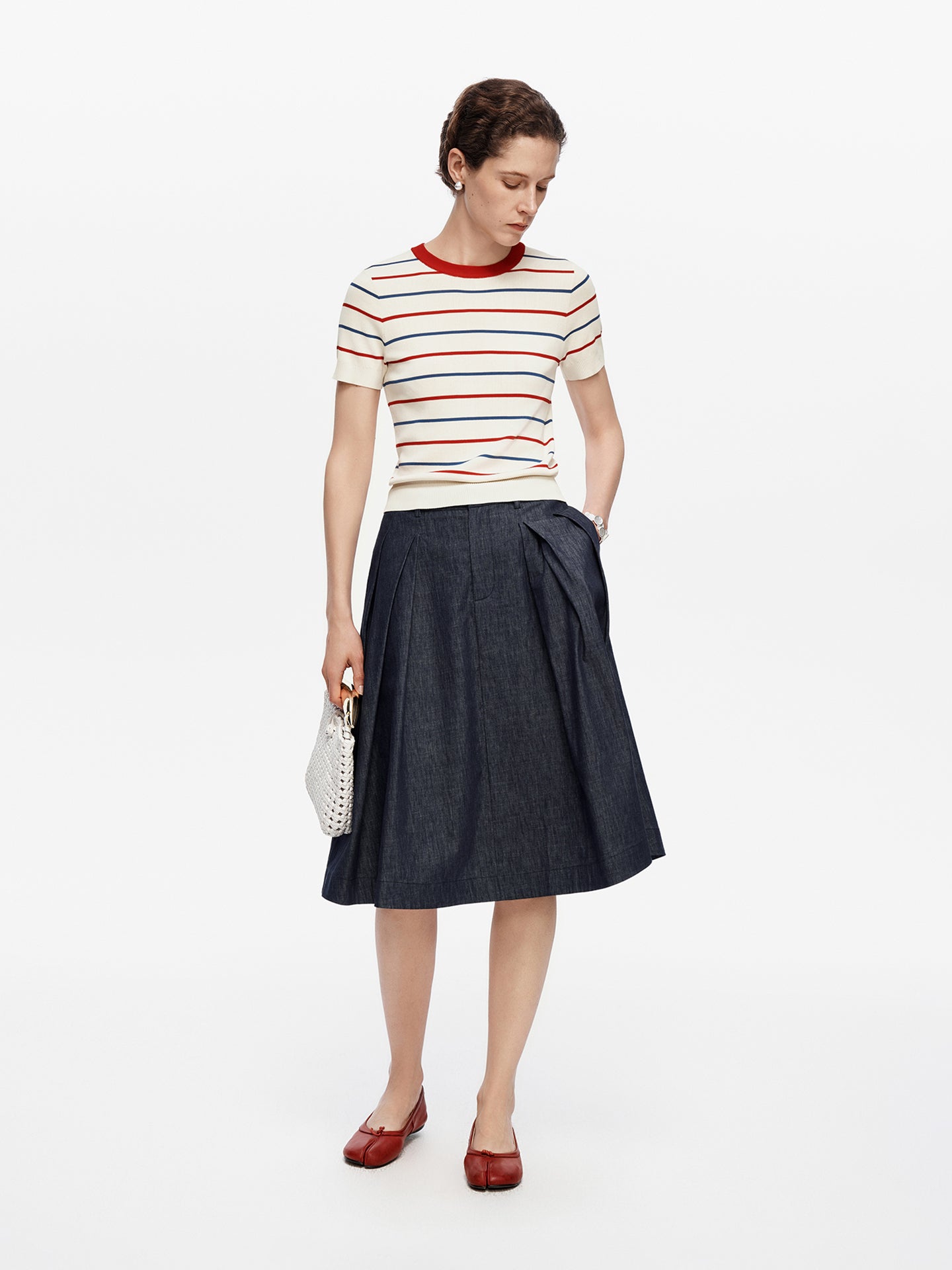 Color-Block Striped Short-Sleeve Wool Knit Sweater