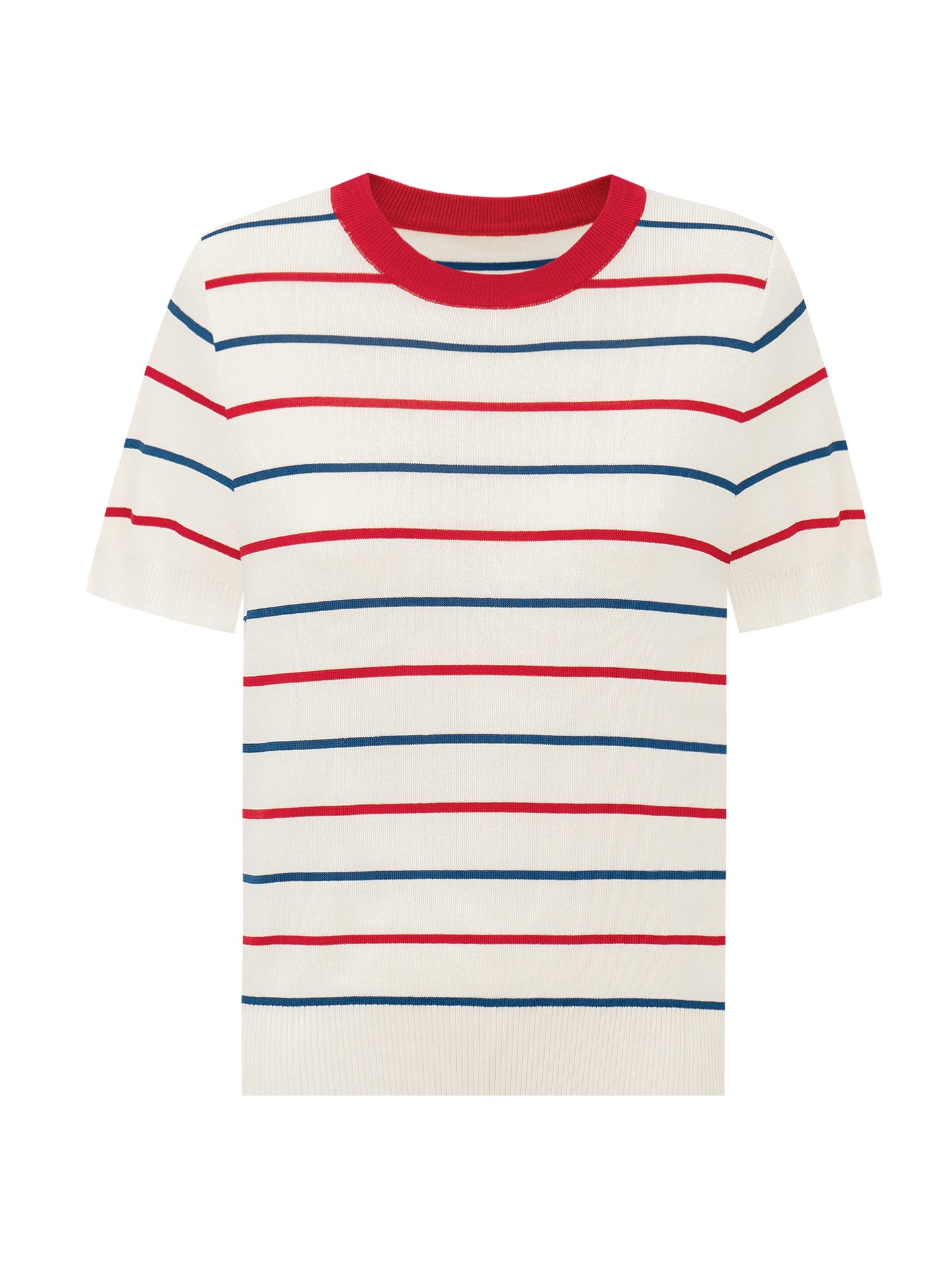 Color-Block Striped Short-Sleeve Wool Knit Sweater