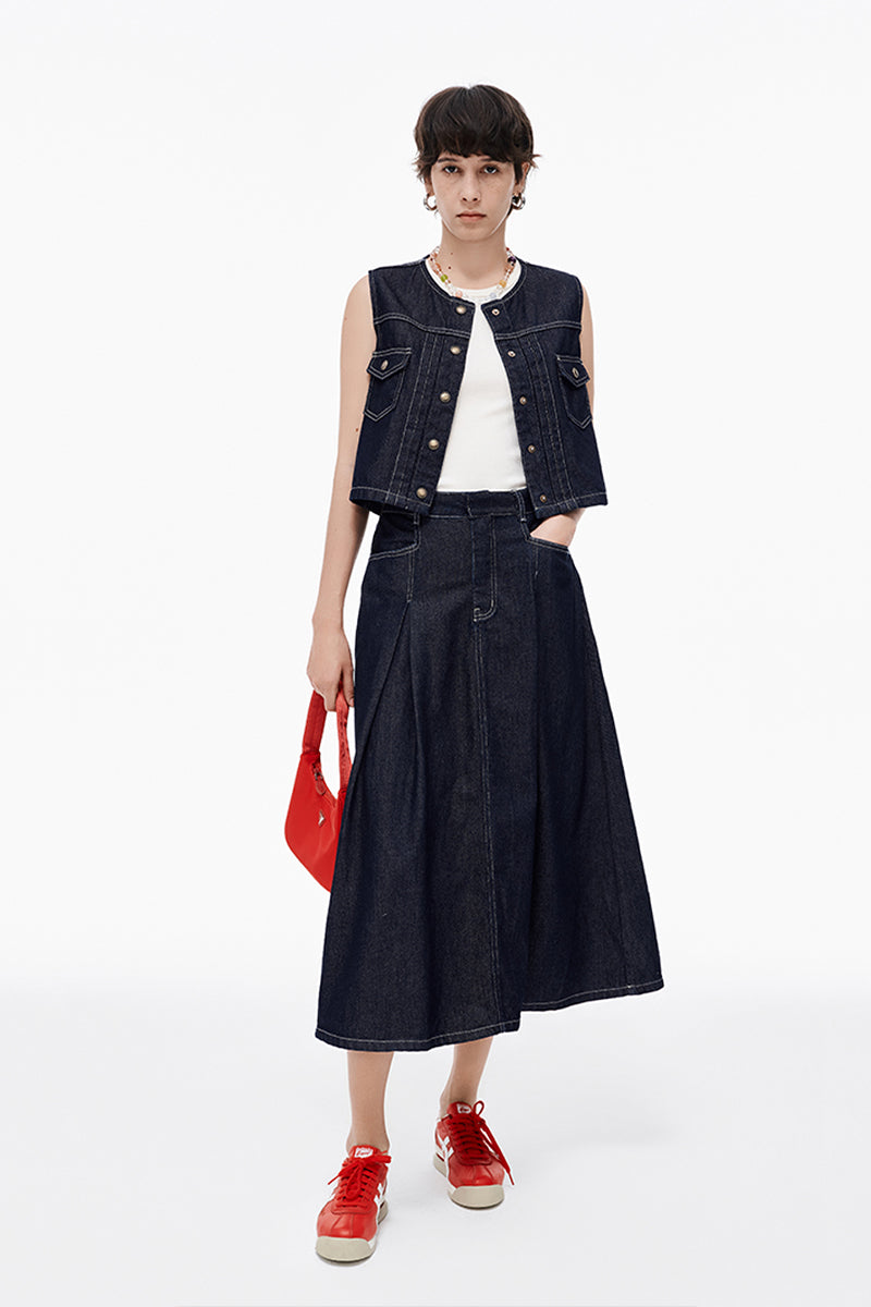 Cotton Lyocell Blended Vintage Denim Skirt + Vest