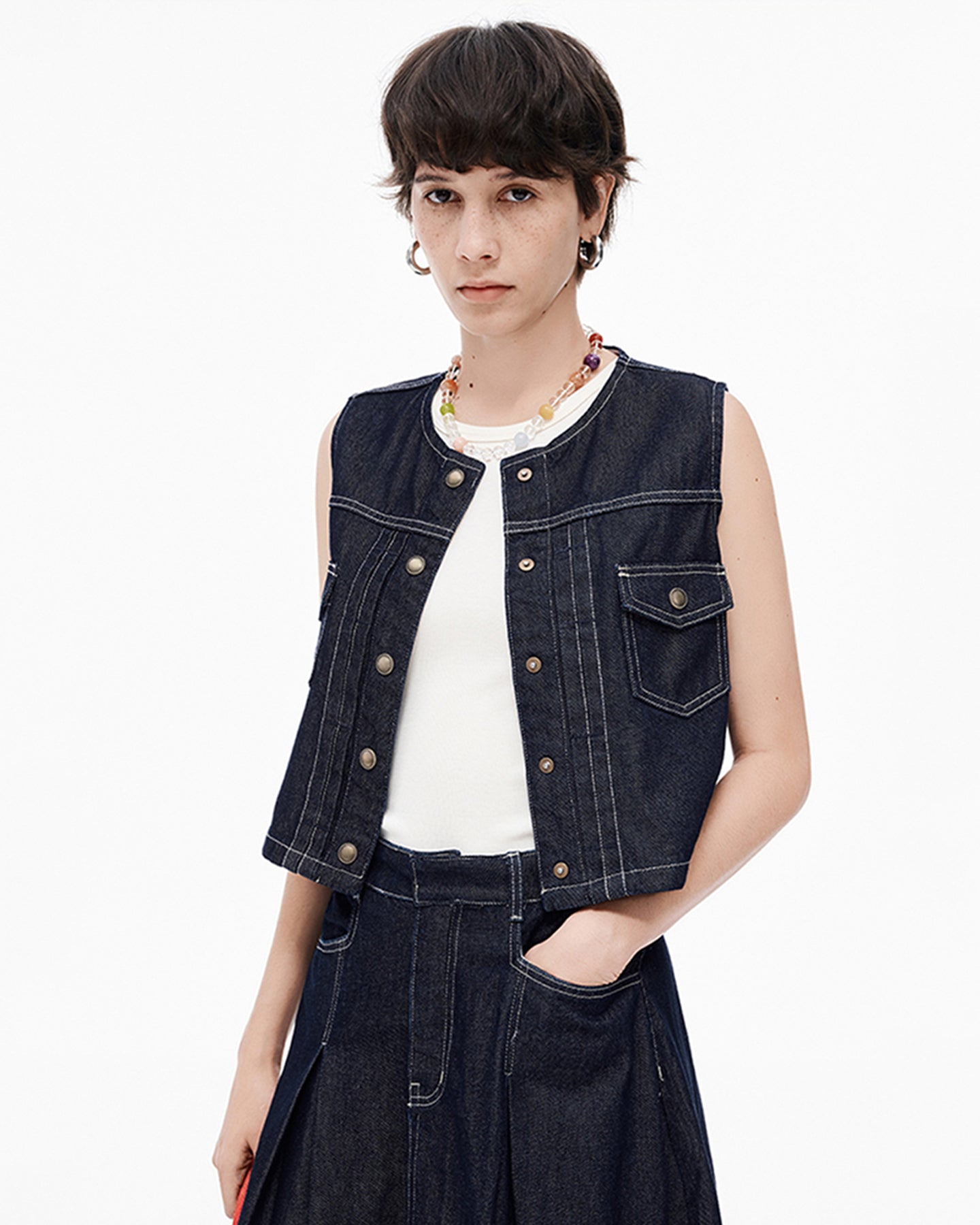 Cotton Lyocell Blended Vintage Denim Skirt + Vest