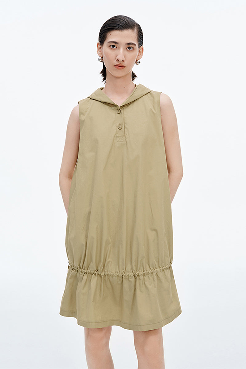 SELFWHO Khaki Pleated Design Hooded Sleeveless Dress, S