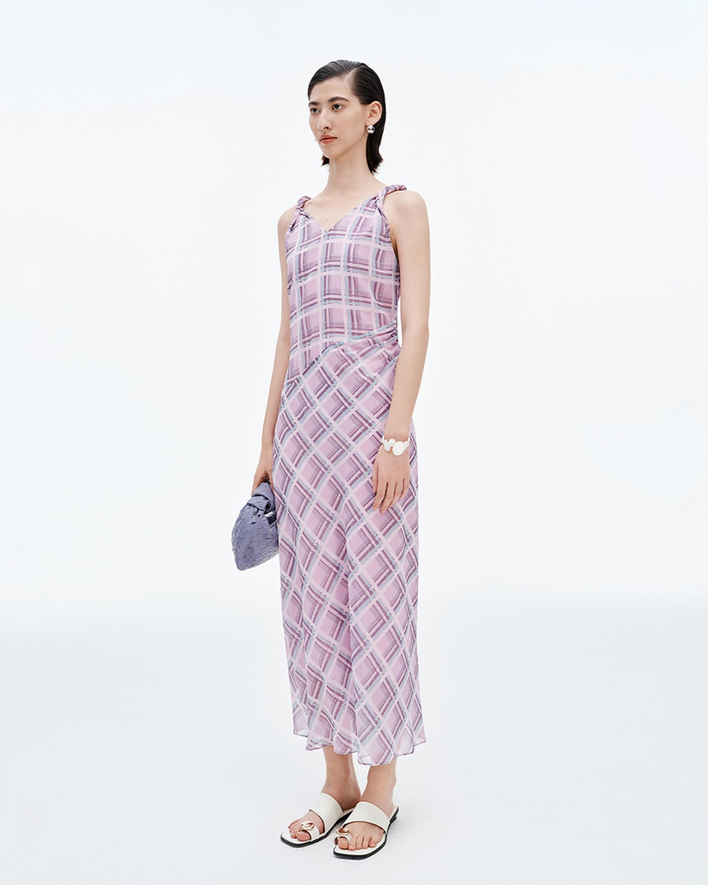Pink and Purple Plaid V-Neck Twisted Strap Dress