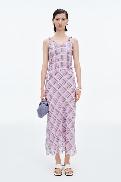 SELFWHO Pink and Purple Plaid V-Neck Twisted Strap Dress