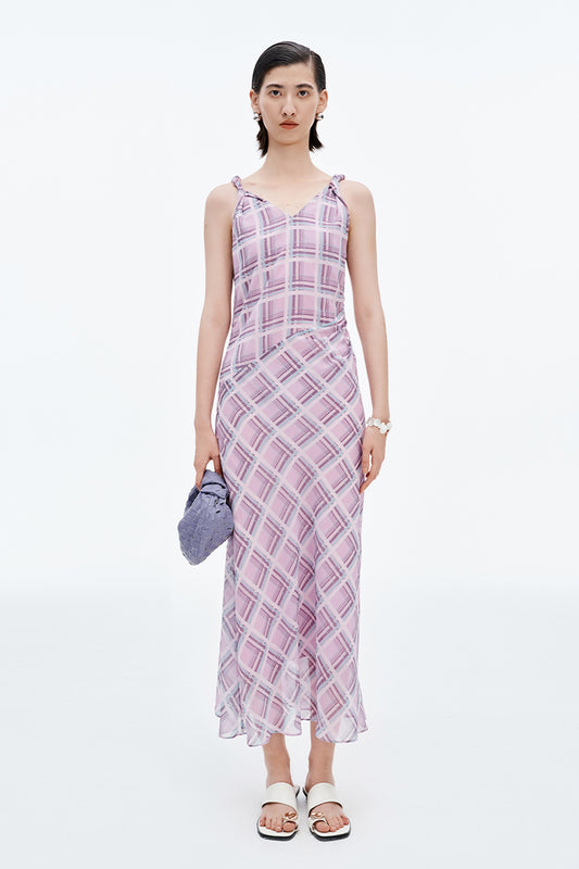 SELFWHO Pink and Purple Plaid V-Neck Twisted Strap Dress