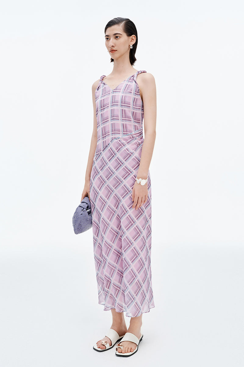 SELFWHO Pink and Purple Plaid V-Neck Twisted Strap Dress