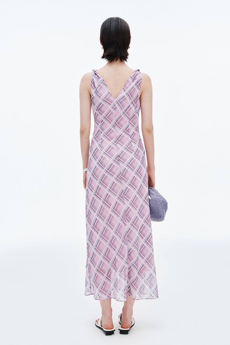 SELFWHO Pink and Purple Plaid V-Neck Twisted Strap Dress