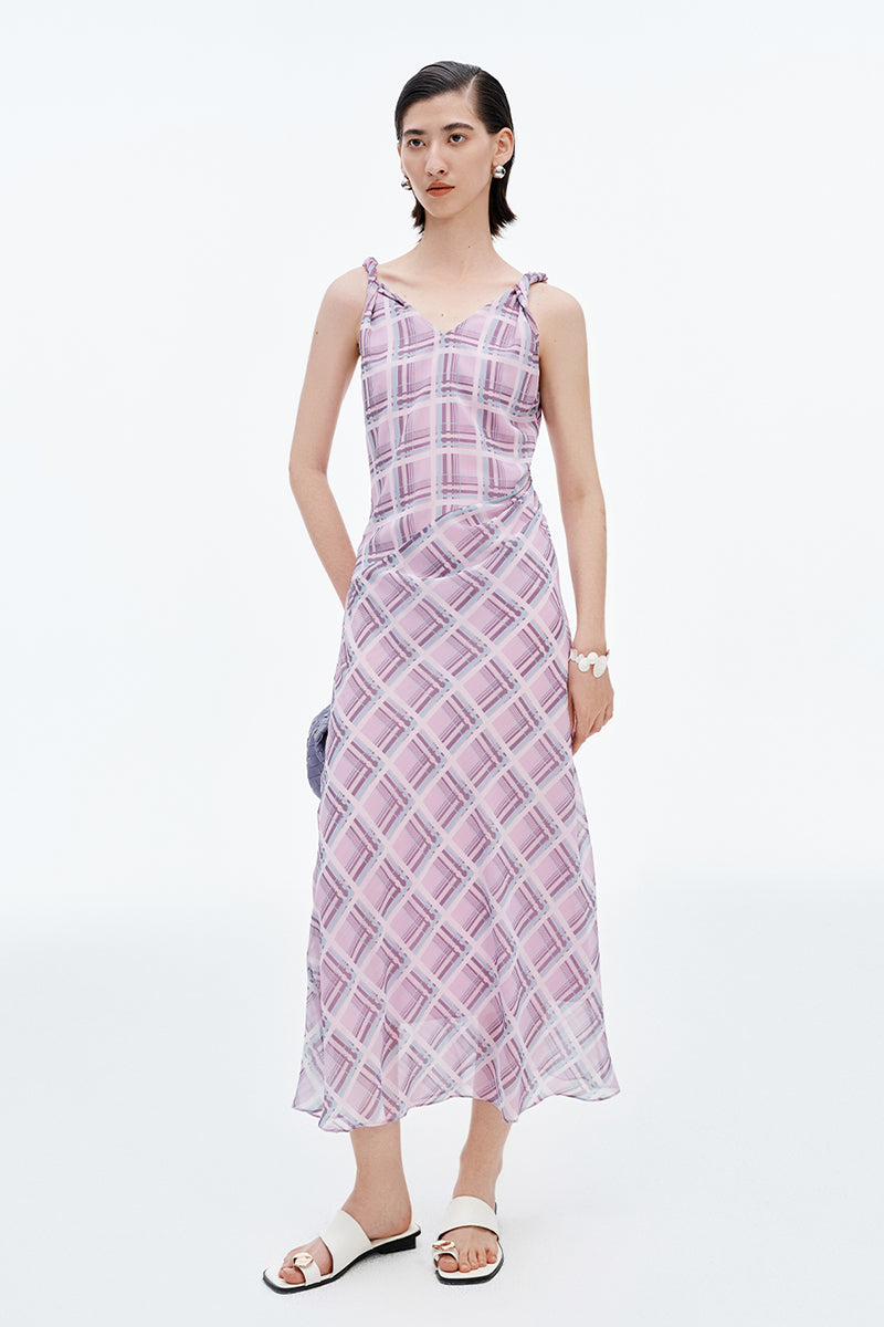 SELFWHO Pink and Purple Plaid V-Neck Twisted Strap Dress