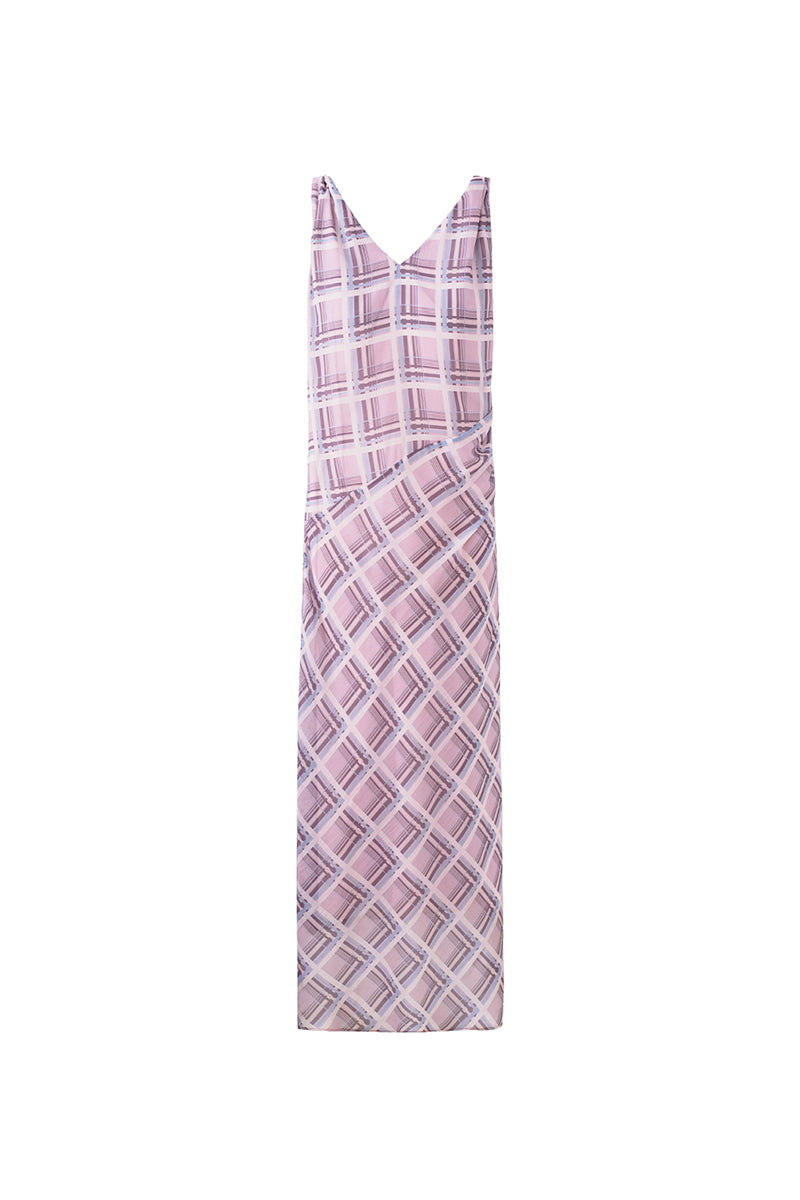 SELFWHO Pink and Purple Plaid V-Neck Twisted Strap Dress