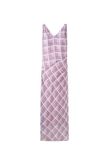 SELFWHO Pink and Purple Plaid V-Neck Twisted Strap Dress