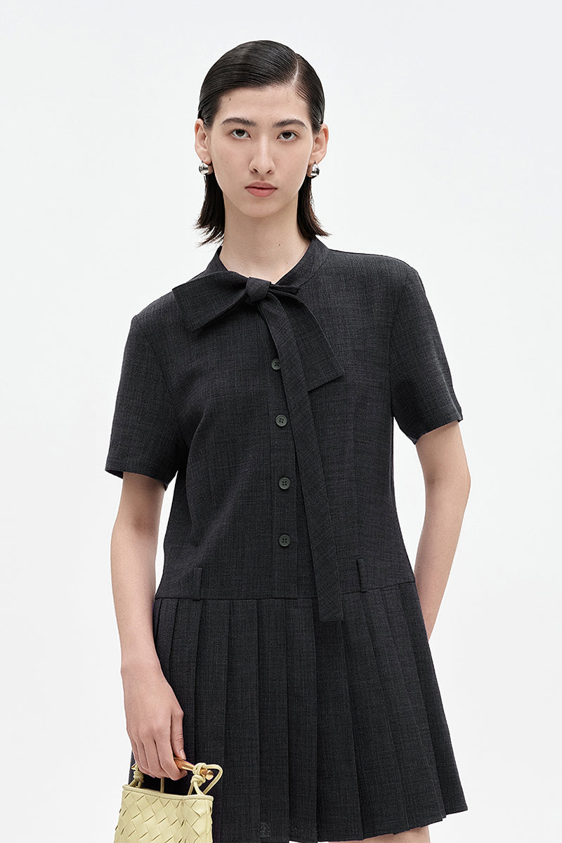 SELFWHO Faux Linen Dark Grey Floating Neck Dress