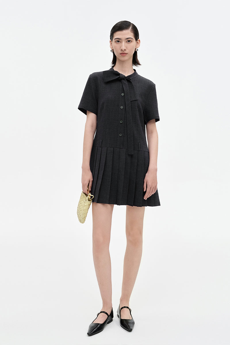 SELFWHO Faux Linen Dark Grey Floating Neck Dress