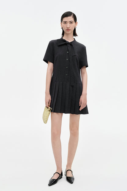 SELFWHO Faux Linen Dark Grey Floating Neck Dress