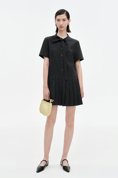 SELFWHO Faux Linen Dark Grey Floating Neck Dress