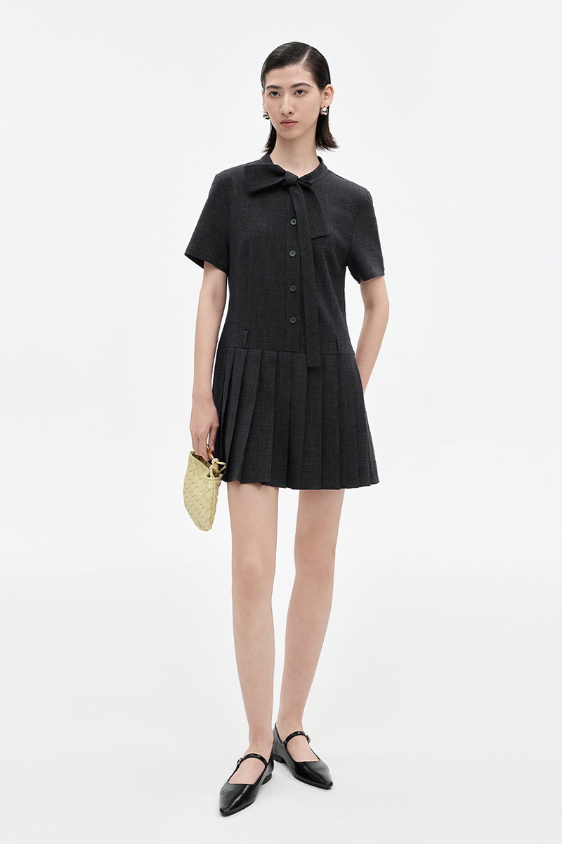 SELFWHO Faux Linen Dark Grey Floating Neck Dress